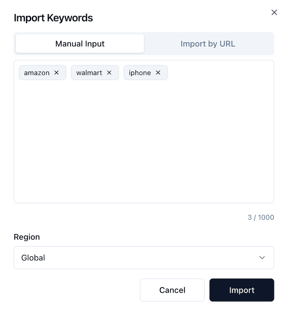 Import keywords by pasting text