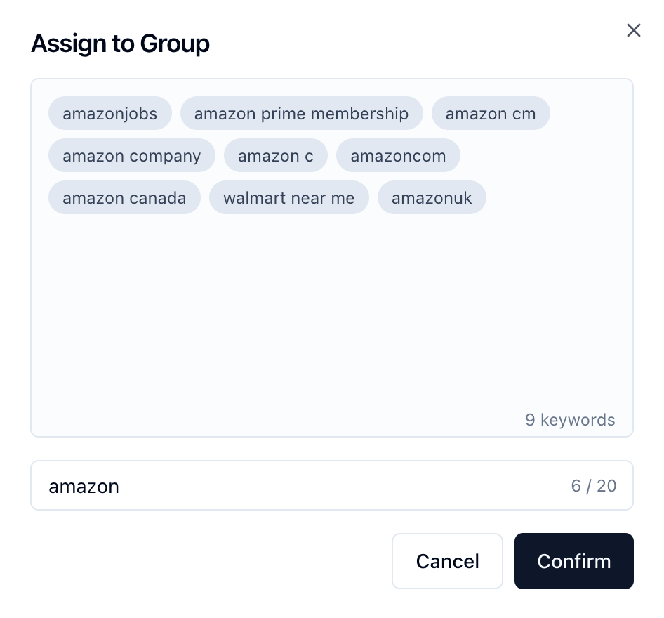 Keyword grouping and organization panel