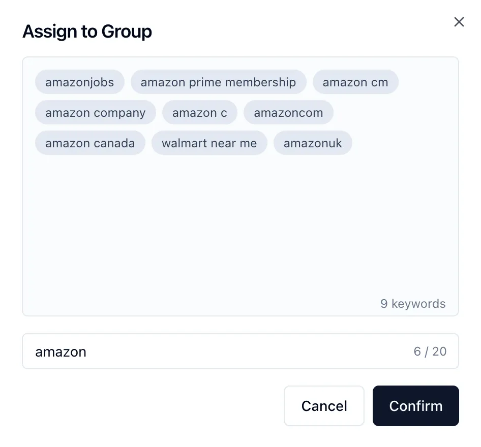 Keyword grouping and organization panel